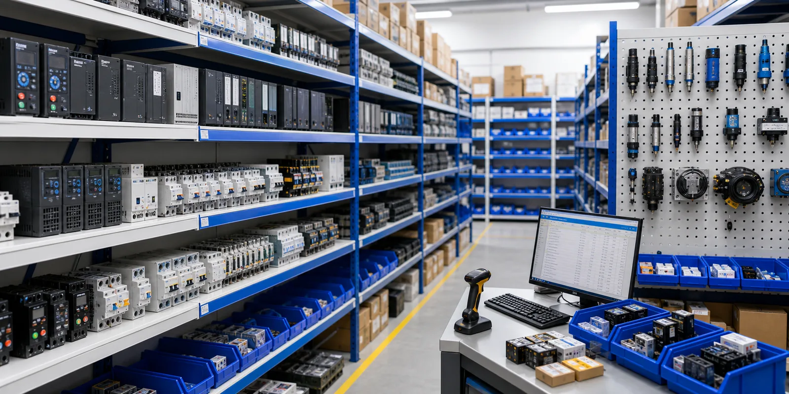 Industrial automation components and electrical inventory shelves