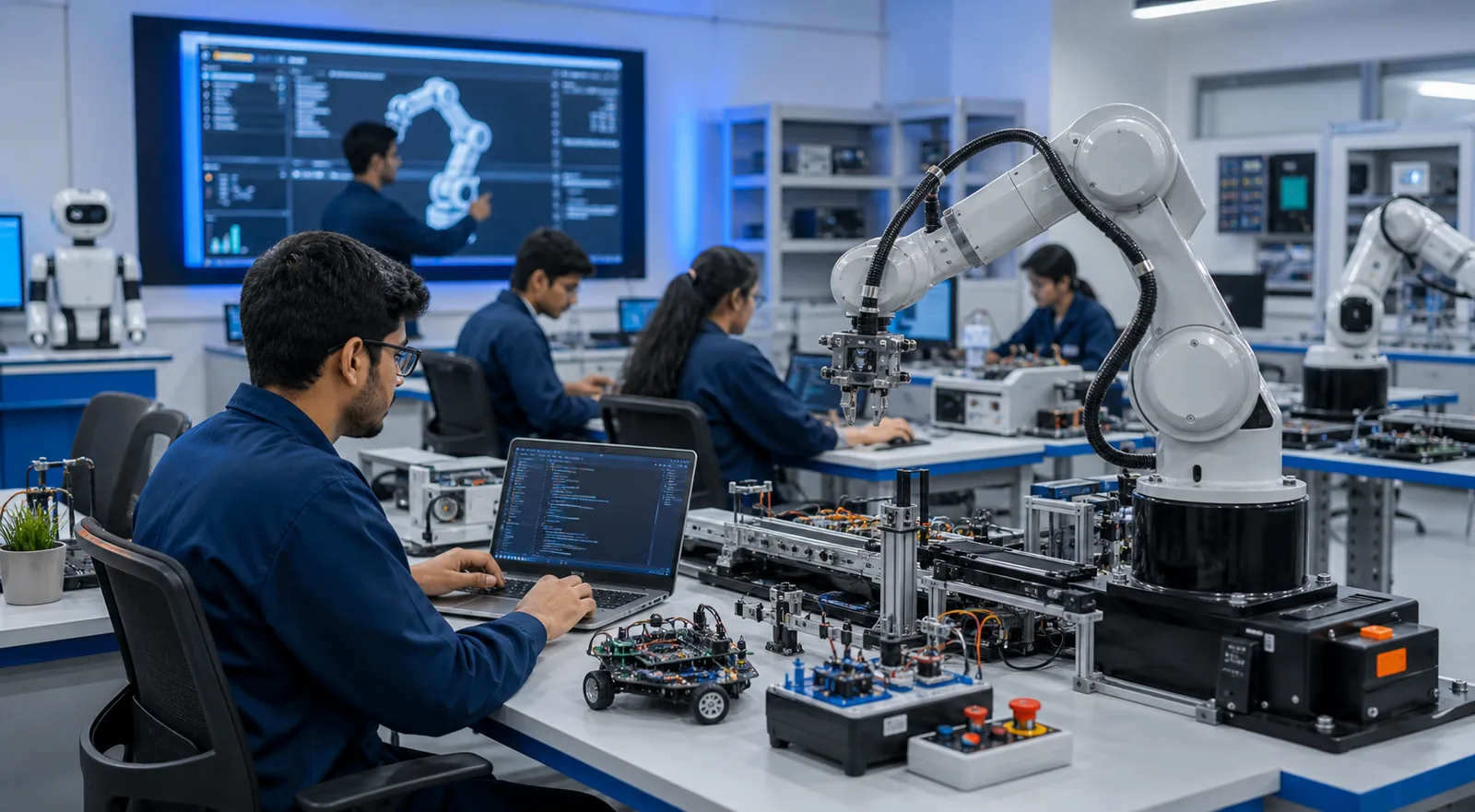Robotics training laboratory with students and robotic systems